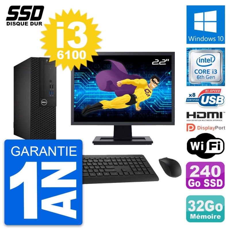 Dell OptiPlex 3050 SFF Computer - 22" Screen, Intel i3-6100, 32GB RAM, 240GB SSD