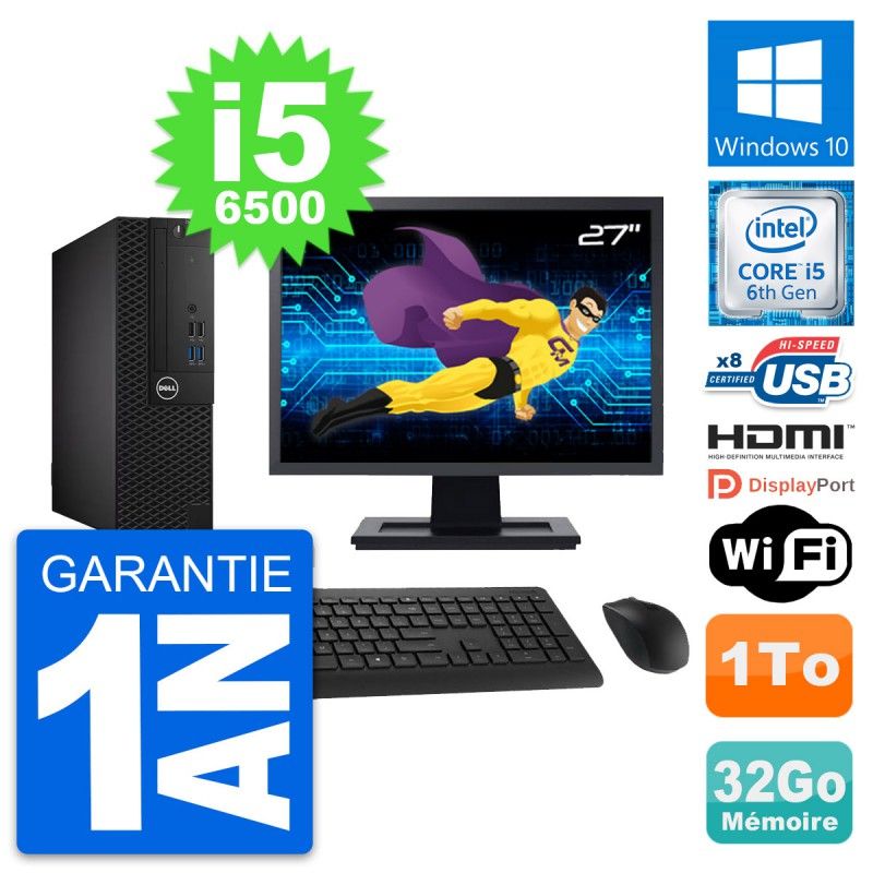 Ordinateur Dell OptiPlex 3050 SFF - Écran 27'', Intel Core i5-6500, 32 Go de RAM, 1 To HDD, Wi-Fi