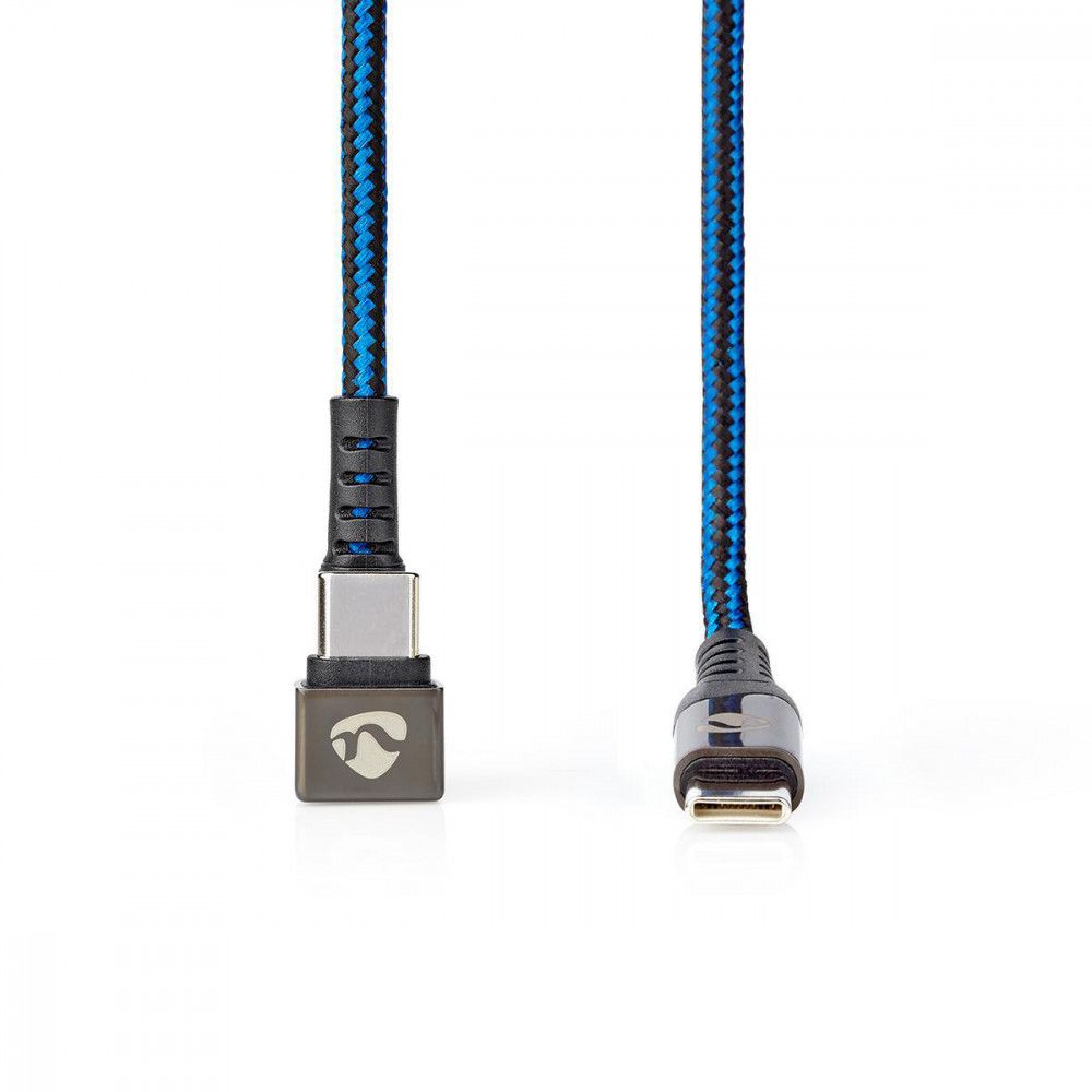 Cable USB 2.0 Tipo-C a Tipo-C, ángulo de 180°, 1 m, redondo, trenzado, negro-azul
