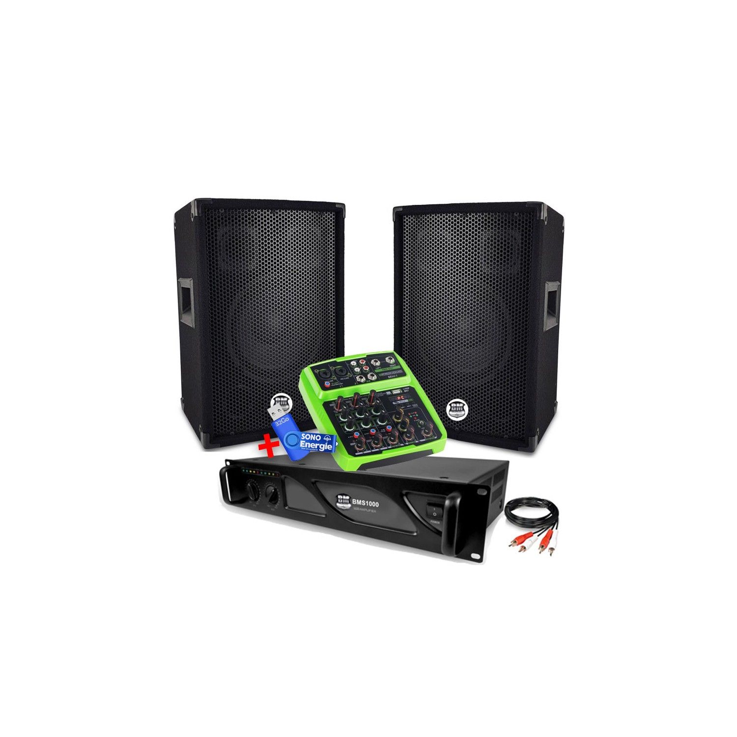 BM Sonic Pack: 2 BMS08 1000W Speakers + BMS1000 Amplifier + Mini4 Mixer with USB 32GB