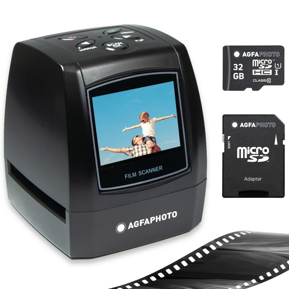 Agfa Photo Digital Pack Scanner Realiview AFS100 + 1 SD Card 32GB - Film, Negative & Slide Scanner (10MP, 2.4' LCD) - Black