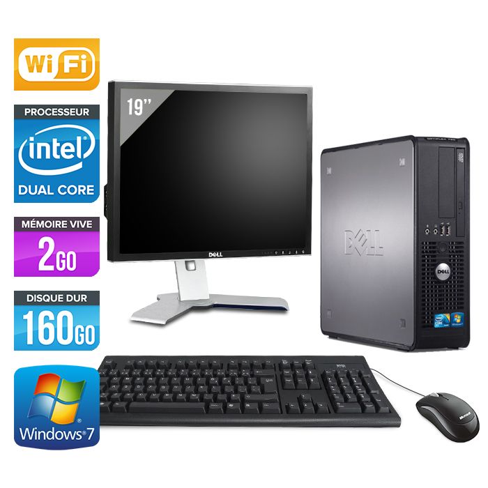 Computadora de escritorio Dell Optiplex 780 SFF + Pantalla de 19'' - Procesador Intel Core Duo E5300 / 2,60 GHz - 2GB RAM - Disco duro de 160GB - Lector DVD - Ethernet Gigabit - Wi-Fi - Windows 7 Profesional