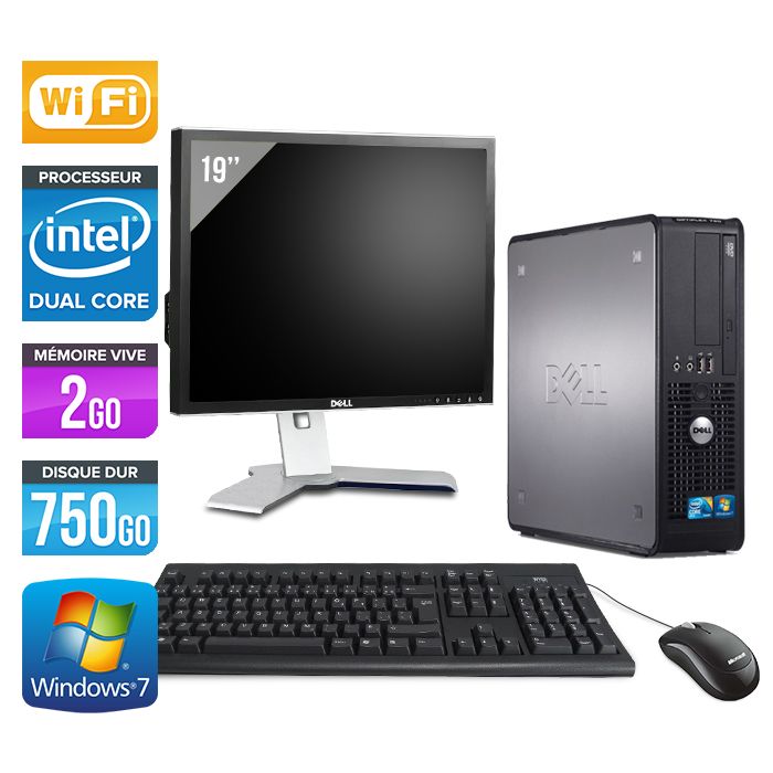 PC de escritorio Dell Optiplex 780 SFF + Monitor de 19'' - Intel Core Duo E5300 / 2.60 GHz - 2GB RAM - HDD de 750GB - DVD - Ethernet Gigabit - Wifi - Windows 7 Profesional
