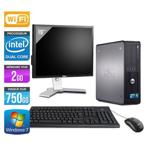 Dell Optiplex 780 SFF Desktop PC + 19'' Monitor - Intel Core Duo E5300 / 2.60 GHz - 2GB RAM - 750GB HDD - DVD - Gigabit Ethernet - Wifi - Windows 7 Pro
