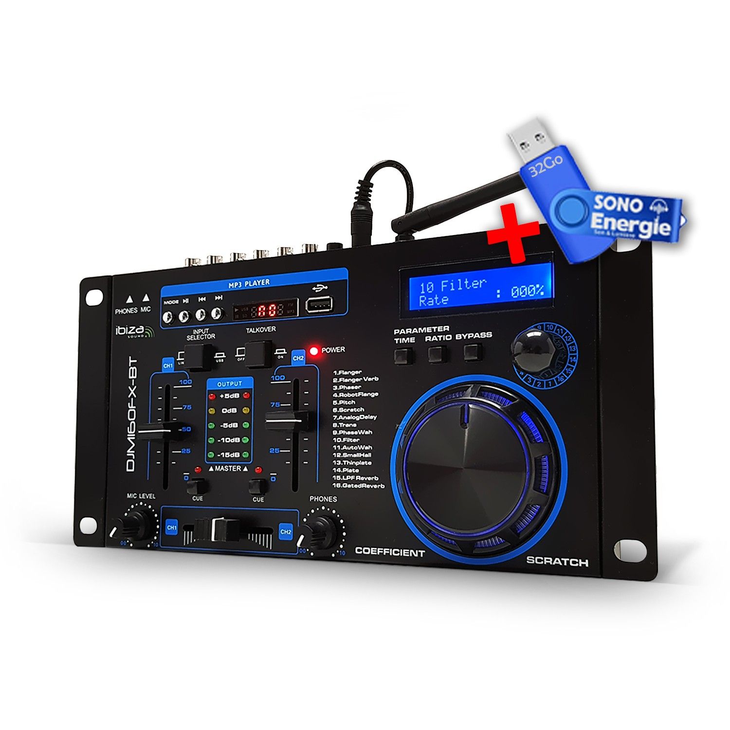 DJ Mixer Table 2-Channel with DSP and Effects - Ibiza Sound DJM160FX-BT+USB 32GB Key