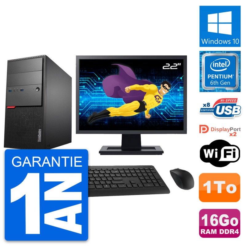 Lenovo ThinkCentre M800 Desktop Computer, 22" Screen, Pentium G4400, 16GB RAM, 1TB HDD, Windows 10, WiFi