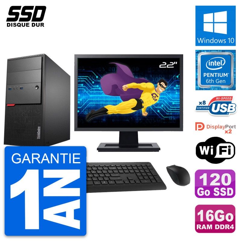 Lenovo M800 Desktop PC - 22" Screen, Pentium G4400, 16GB RAM, 120GB SSD, Windows 10, Wifi