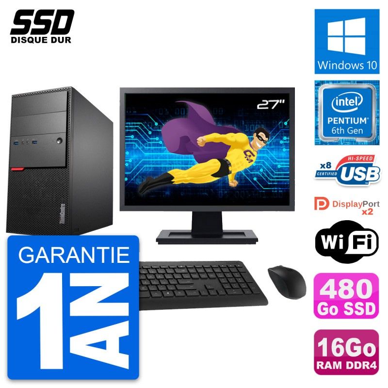 Lenovo M800 Desktop Computer - 27 inch Screen, Intel Pentium G4400, 16GB RAM, 480GB SSD, Windows 10, WiFi