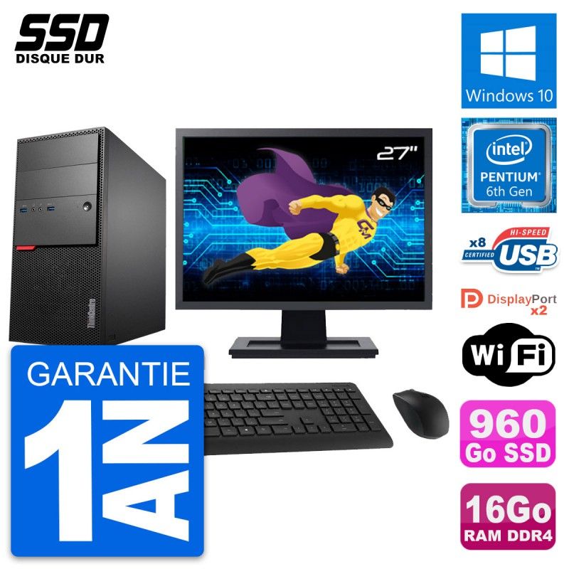 Lenovo M800 Desktop PC - 27" Screen, Pentium G4400, 16GB RAM, 960GB SSD, Windows 10, Wifi