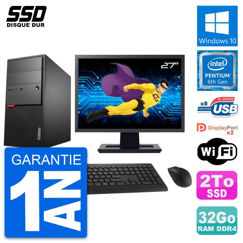 Lenovo ThinkCentre M800 Desktop, 27" Screen, Intel G4400, 32GB RAM, 2TB SSD, Windows 10, WiFi