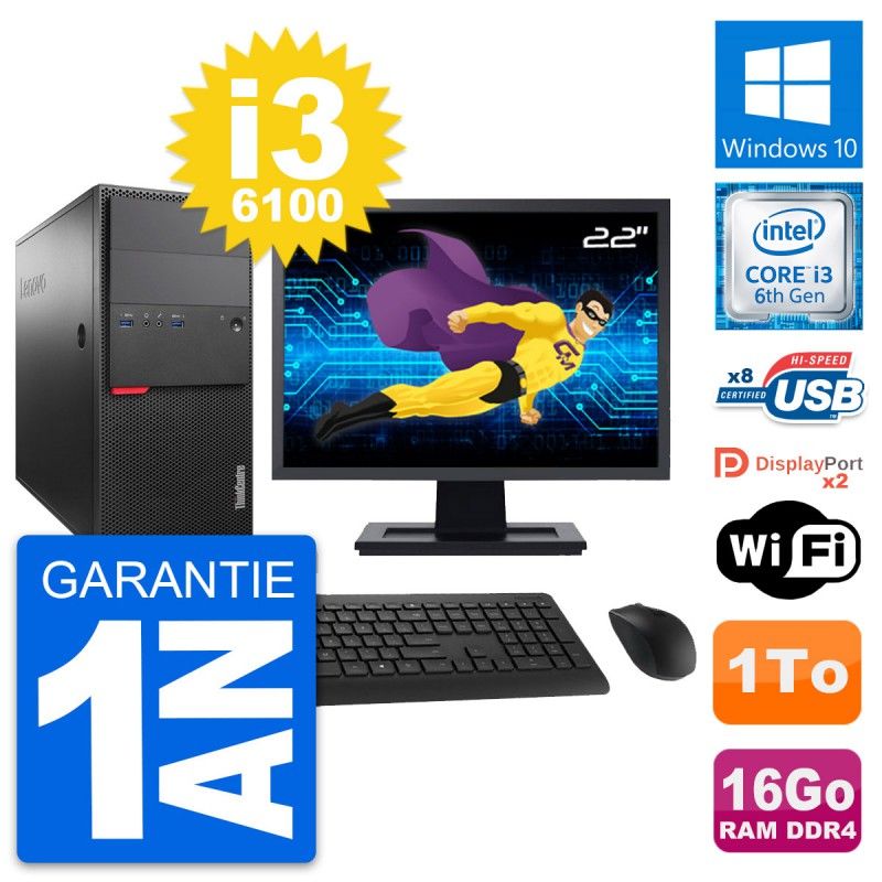 Lenovo ThinkCentre M800 Desktop PC - 22" Screen, Intel i3-6100, 16GB RAM, 1TB Storage, Windows 10