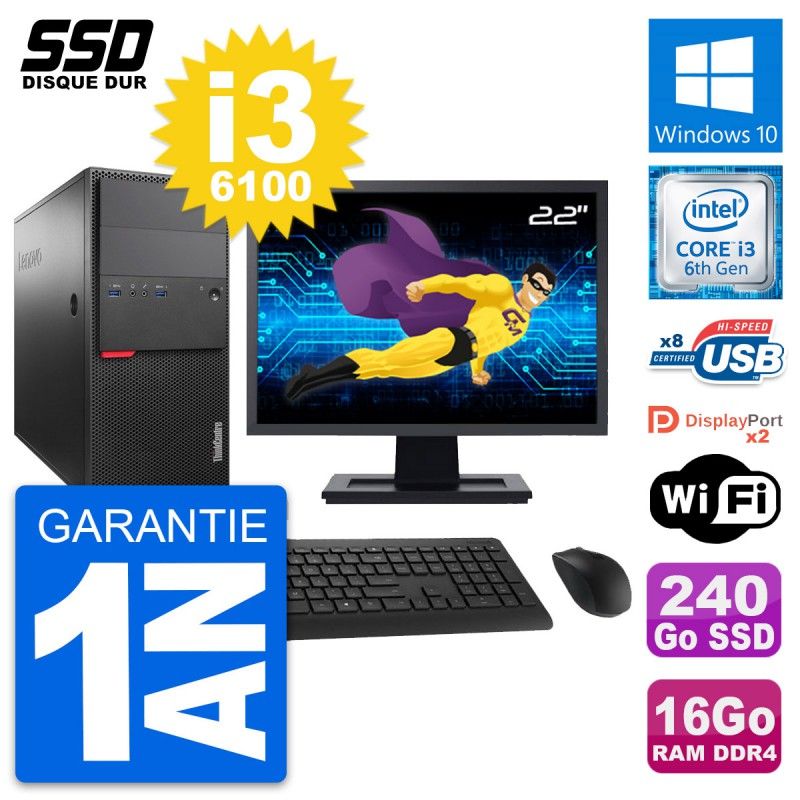 Lenovo M800 Desktop Computer, 22" Screen, Intel i3-6100, 16GB RAM, 240GB SSD, Windows 10, WiFi