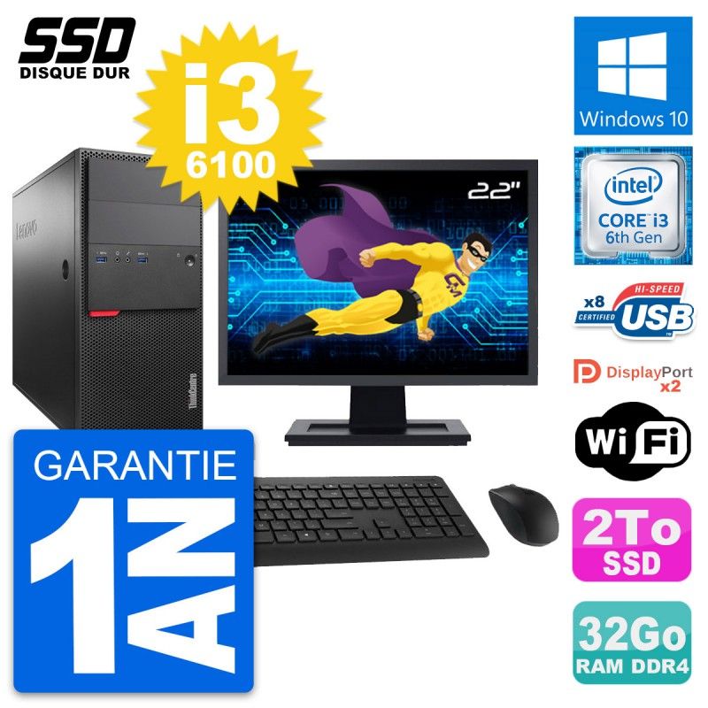Lenovo M800 Desktop PC - 22" Screen, Intel i3-6100, 32GB RAM, 2TB SSD, Windows 10, Wifi