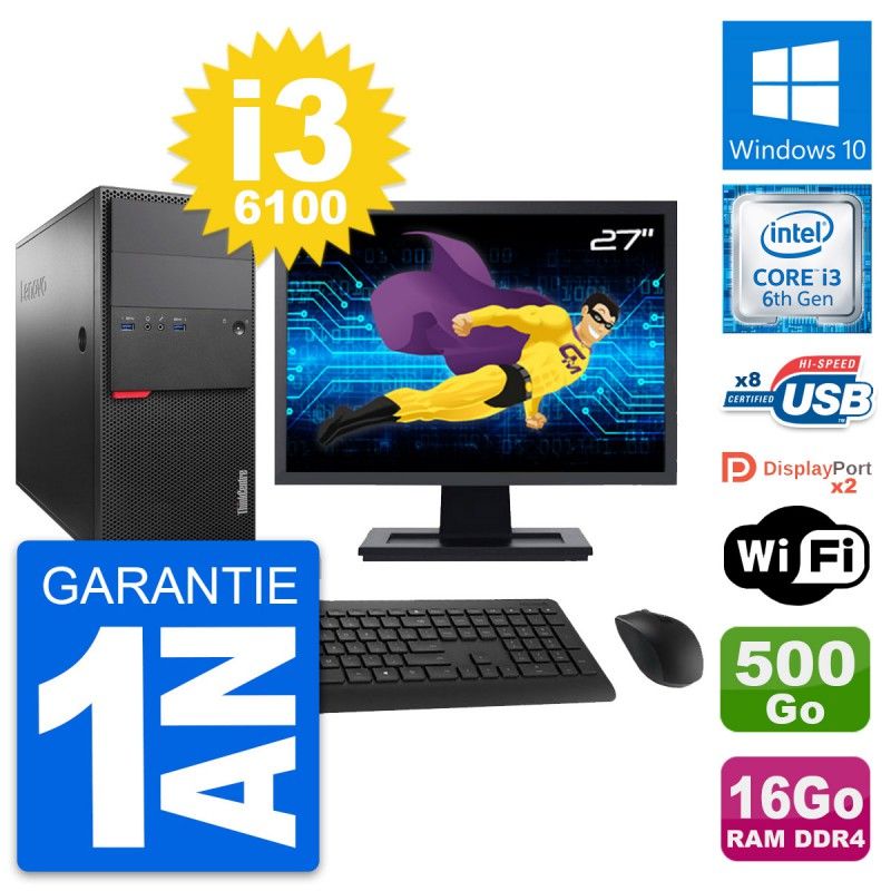 Lenovo M800 Desktop Computer - 27" Screen, Core i3-6100, 16GB RAM, 500GB SSD, Windows 10, WiFi