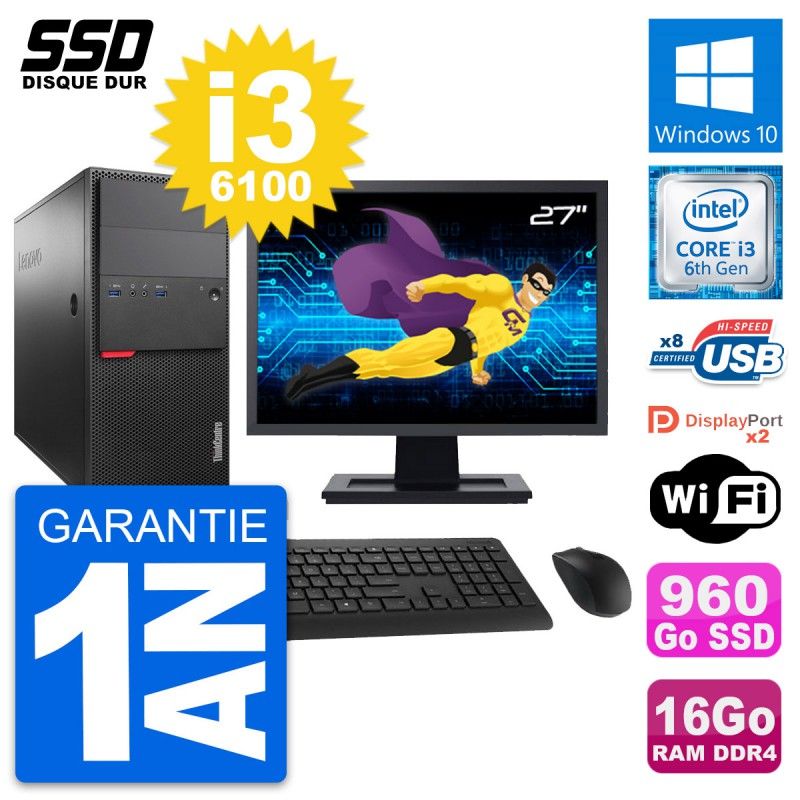 PC de sobremesa Lenovo M800 - Pantalla de 27", Procesador Intel i3-6100, 16 GB de RAM, 960 GB SSD, Windows 10