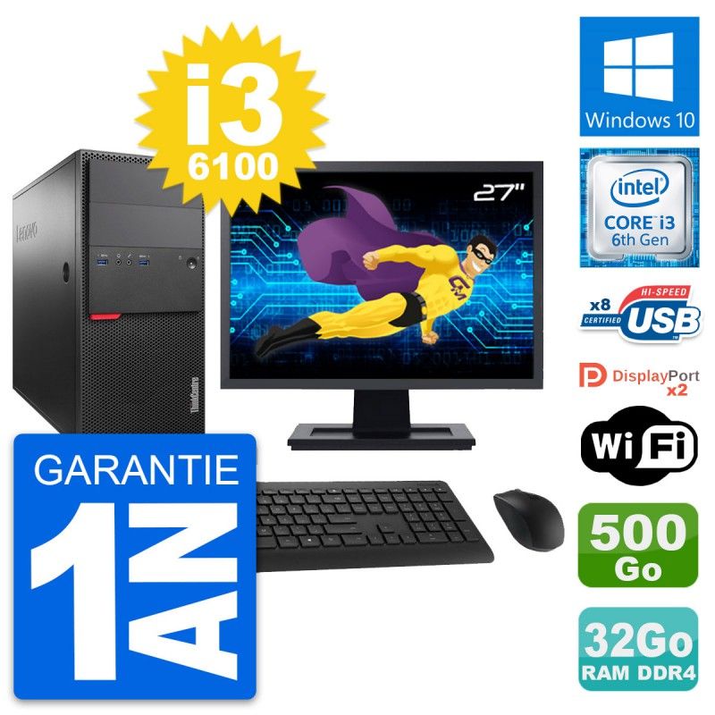 Lenovo M800 Desktop PC - 27" Screen, Core i3-6100, 32GB RAM, 500GB Storage, Windows 10