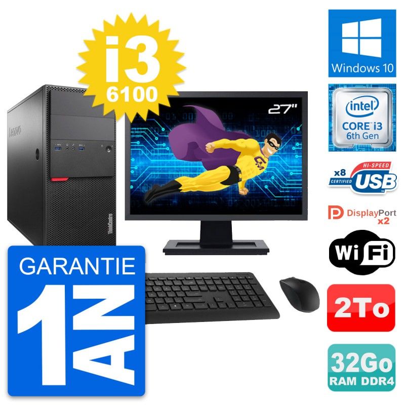 Lenovo M800 Desktop Computer, 27" Screen, Intel i3-6100, 32GB RAM, 2TB HDD, Windows 10, WiFi