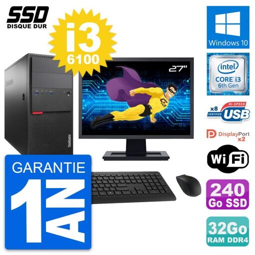 Ordenador de escritorio Lenovo M800, pantalla de 27'', procesador Intel i3-6100, 32GB de RAM, SSD de 240GB, Windows 10, WiFi