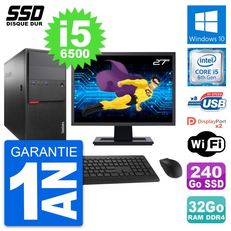 Lenovo M800 Desktop Computer, 27" Screen, Intel i5-6500, 32GB RAM, 240GB SSD, Windows 10, WiFi