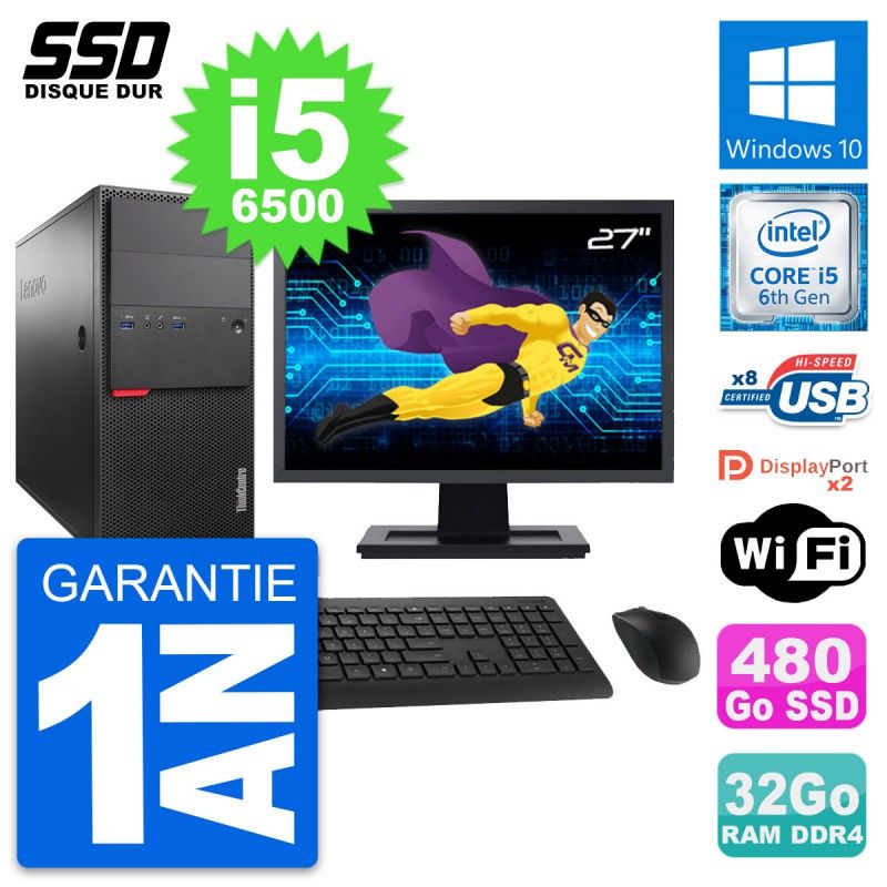 Lenovo M800 Desktop Computer, 27" Screen, Intel i5-6500, 32GB RAM, 480GB SSD, Windows 10, Wifi