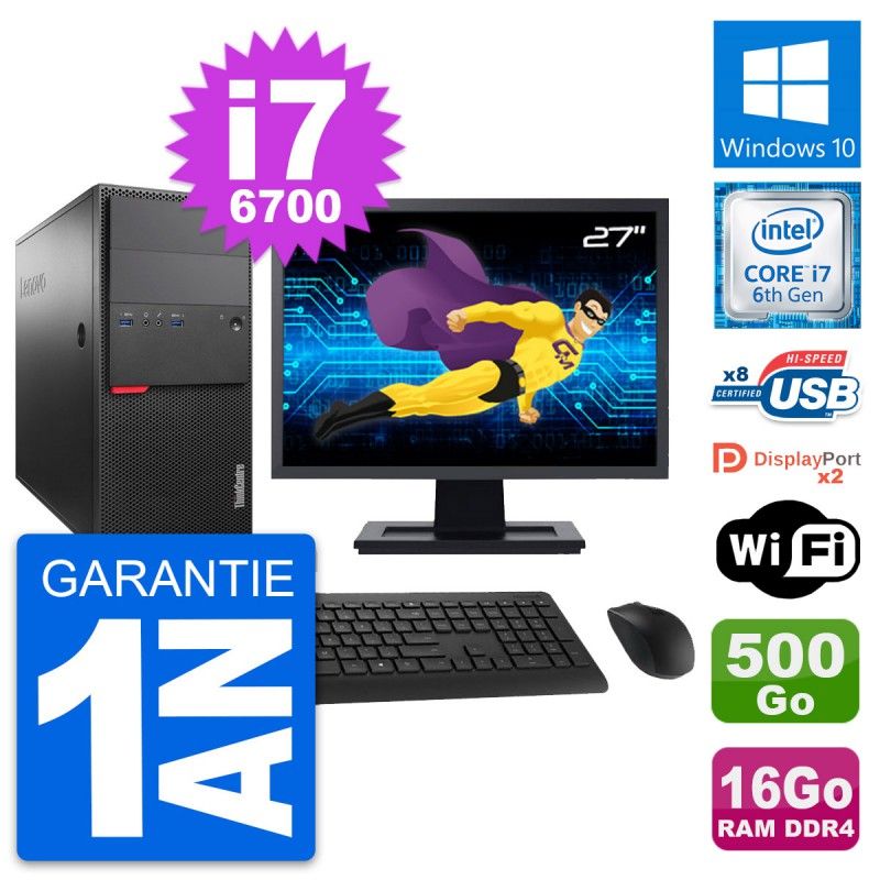 Lenovo ThinkCentre M800 Desktop - 27" Screen, Core i7-6700, 16GB RAM, 500GB HDD, Windows 10, WiFi