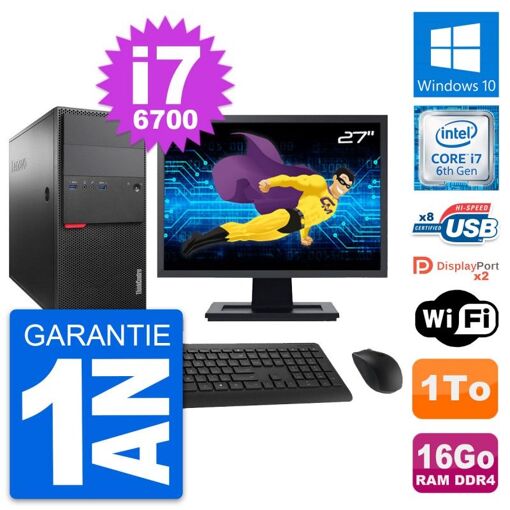 PC de escritorio Lenovo M800 - Pantalla de 27", Intel i7-6700, 16 GB RAM, 1 TB Almacenamiento, Windows 10, WiFi