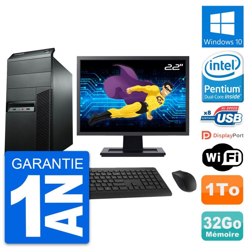 Lenovo M92p Desktop PC - 22" Screen, Pentium G2020, 32GB RAM, 1TB HDD, Windows 10, WiFi
