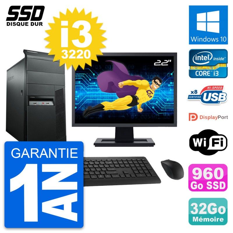 Lenovo M92p Desktop PC - 22" Screen, Intel i3-3220, 32GB RAM, 960GB SSD, Windows 10, WiFi