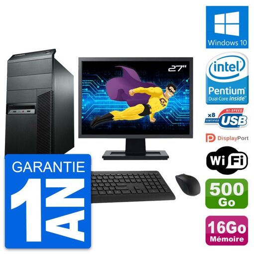 Lenovo M92p Desktop PC - 27" Screen, Intel G2020, 16GB RAM, 500GB HDD, Windows 10, WiFi