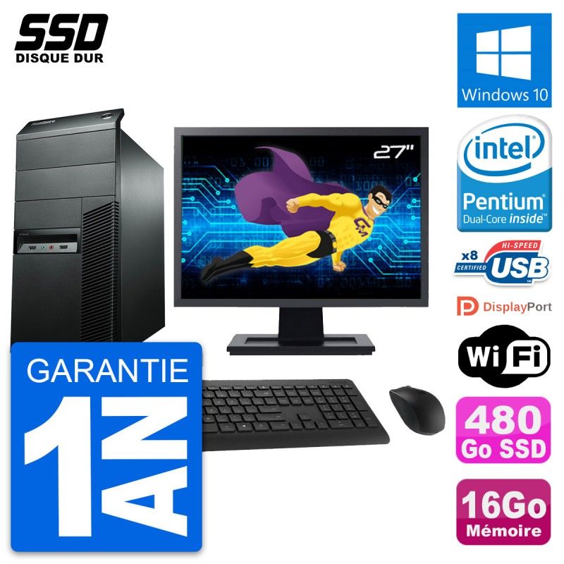 Lenovo M92p Mid Tower PC - 27" Screen, Pentium G2020, 16GB RAM, 480GB SSD, Windows 10, WiFi
