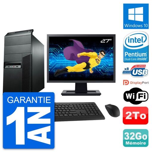Ordenador de escritorio Lenovo M92p, pantalla de 27'', Procesador Intel Pentium G2020, 32GB de RAM, 2TB HDD, Windows 10, WiFi
