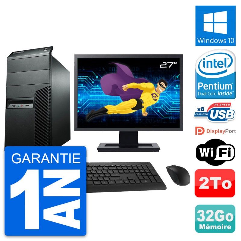 Lenovo M92p Desktop Computer, 27" Screen, Pentium G2020, 32GB RAM, 2TB HDD, Windows 10, WiFi