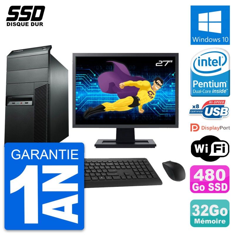 Lenovo M92p Desktop PC - 27" Screen, Pentium G2020, 32GB RAM, 480GB SSD, Windows 10, WiFi