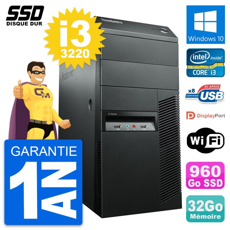 Lenovo ThinkCentre M92p Desktop Computer - Intel i3-3220, 32GB RAM, 960GB SSD, Windows 10, WiFi