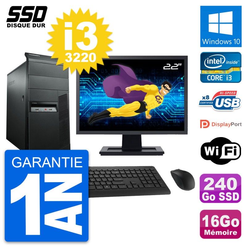 Lenovo M92p 22-inch Desktop Computer, Intel i3-3220, 16GB RAM, 240GB SSD, Windows 10, WiFi