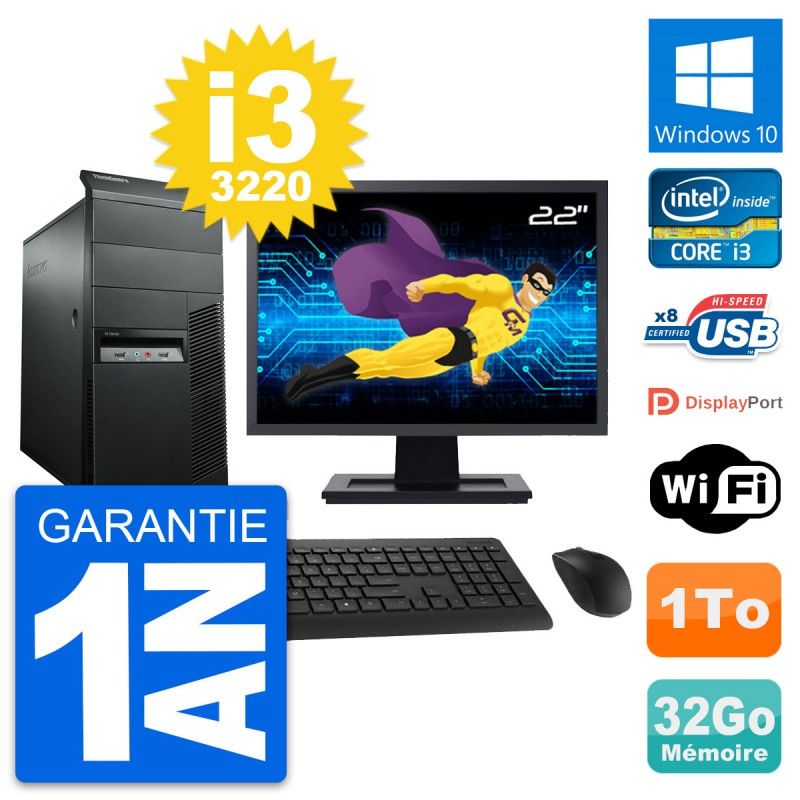 Lenovo M92p Mid Tower PC - 22" Screen, Intel i3-3220, 32GB RAM, 1TB HDD, Windows 10, WiFi
