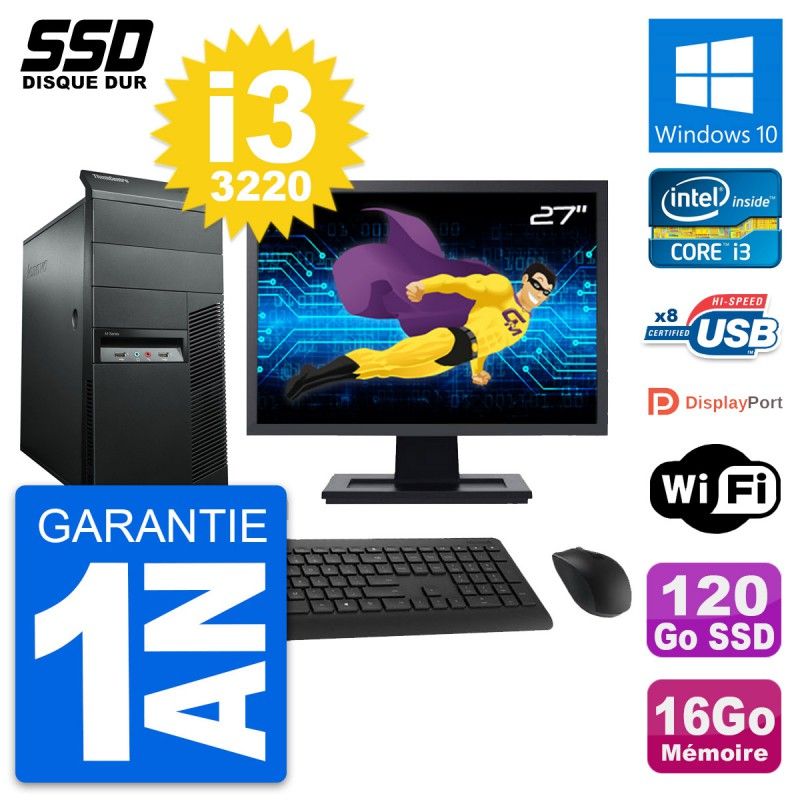 Lenovo M92p Desktop Computer, 27" Screen, Intel i3-3220, 16GB RAM, 120GB SSD, Windows 10, WiFi
