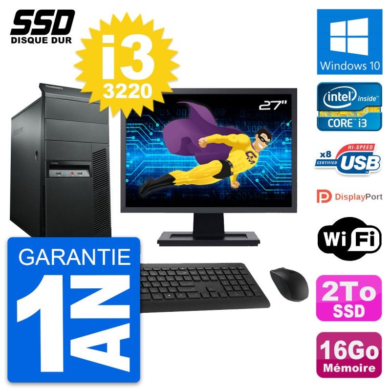 Lenovo M92p Mid Tower PC, 27" Screen, Intel i3-3220, 16GB RAM, 2TB SSD, Windows 10, WiFi
