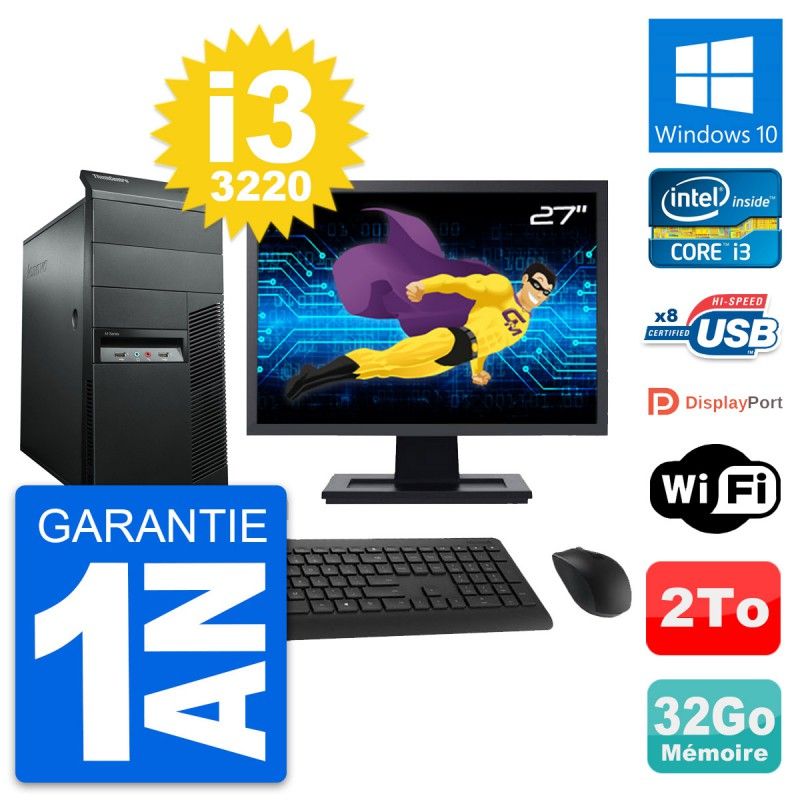 Lenovo M92p Mid Tower PC, 27" Screen, Intel i3-3220, 32GB RAM, 2TB HDD, Windows 10, WiFi
