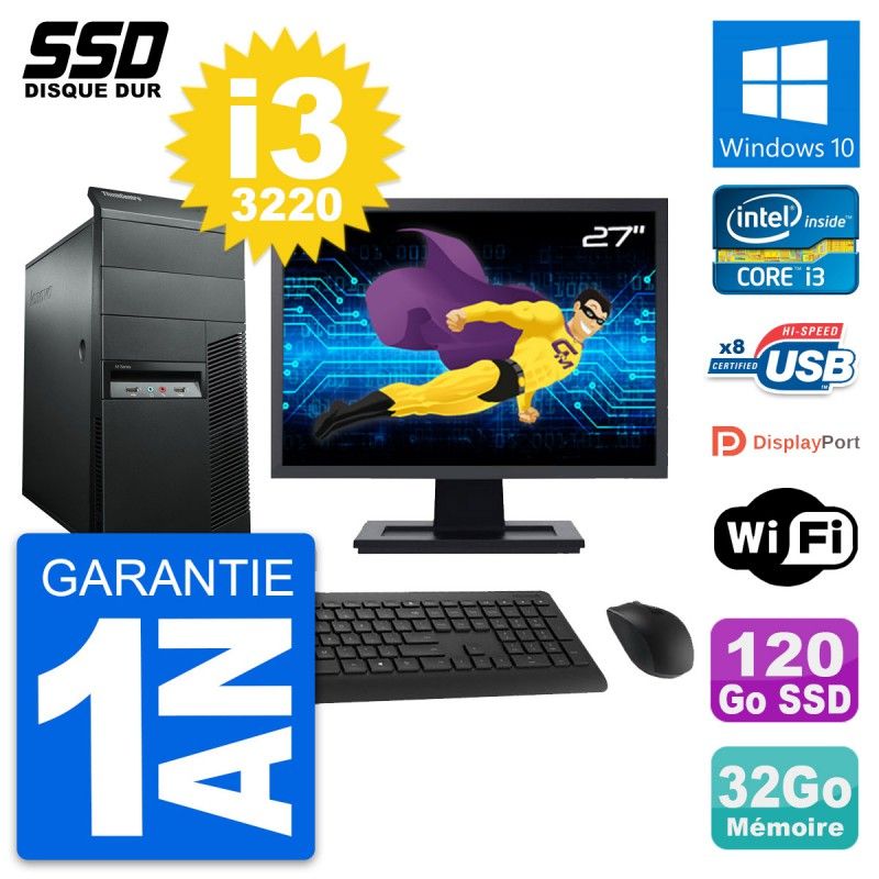 Lenovo M92p Mid Tower PC with 27" Screen, Intel i3-3220, 32GB RAM, 120GB SSD, Windows 10, WiFi