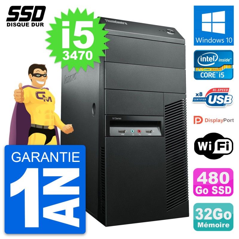 Lenovo ThinkCentre M92p Desktop Computer - Intel i5-3470, 32GB RAM, 480GB SSD, Windows 10, WiFi