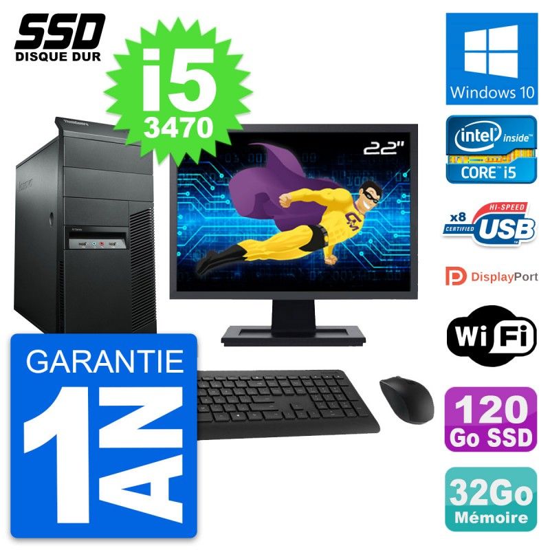 Lenovo M92p Mid Tower PC - 22" Screen, Intel i5-3470, 32GB RAM, 120GB SSD, Windows 10, WiFi