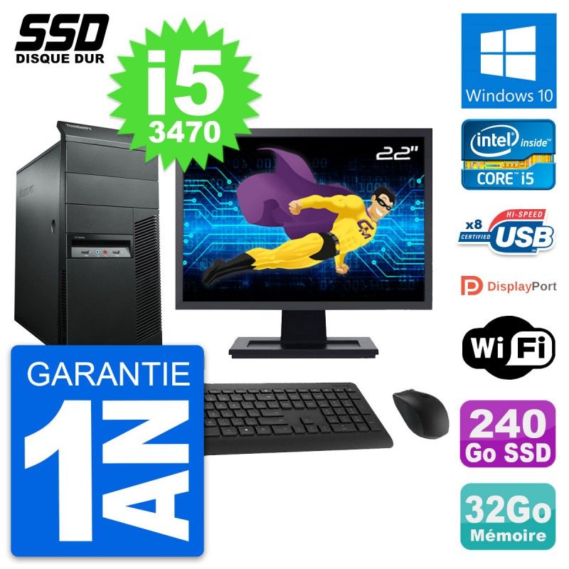 Lenovo M92p 22-inch Desktop Computer, Intel i5-3470, 32GB RAM, 240GB SSD, Windows 10, WiFi