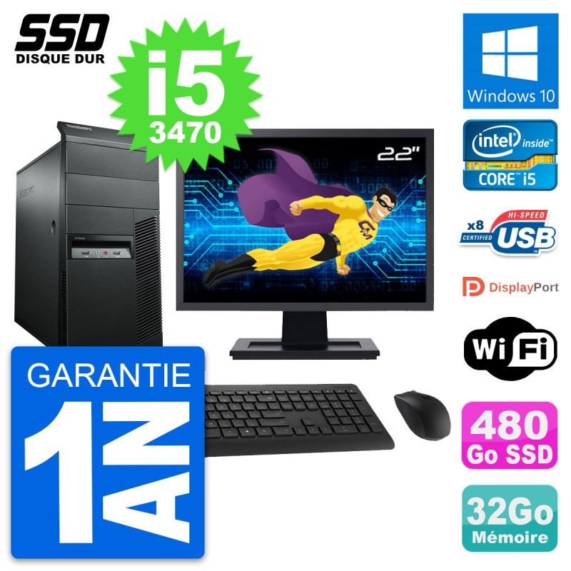 Lenovo M92p Desktop Computer, 22" Screen, Intel i5-3470, 32GB RAM, 480GB SSD, Windows 10, WiFi
