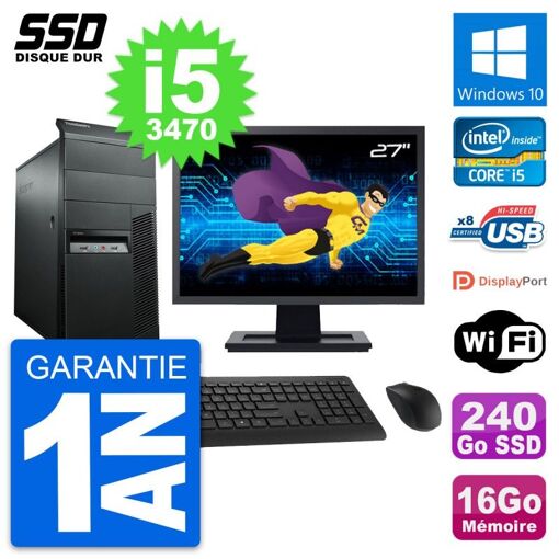PC de sobremesa Lenovo M92p con pantalla de 27', procesador Intel i5-3470, 16GB de RAM, SSD de 240GB, Windows 10, Wifi