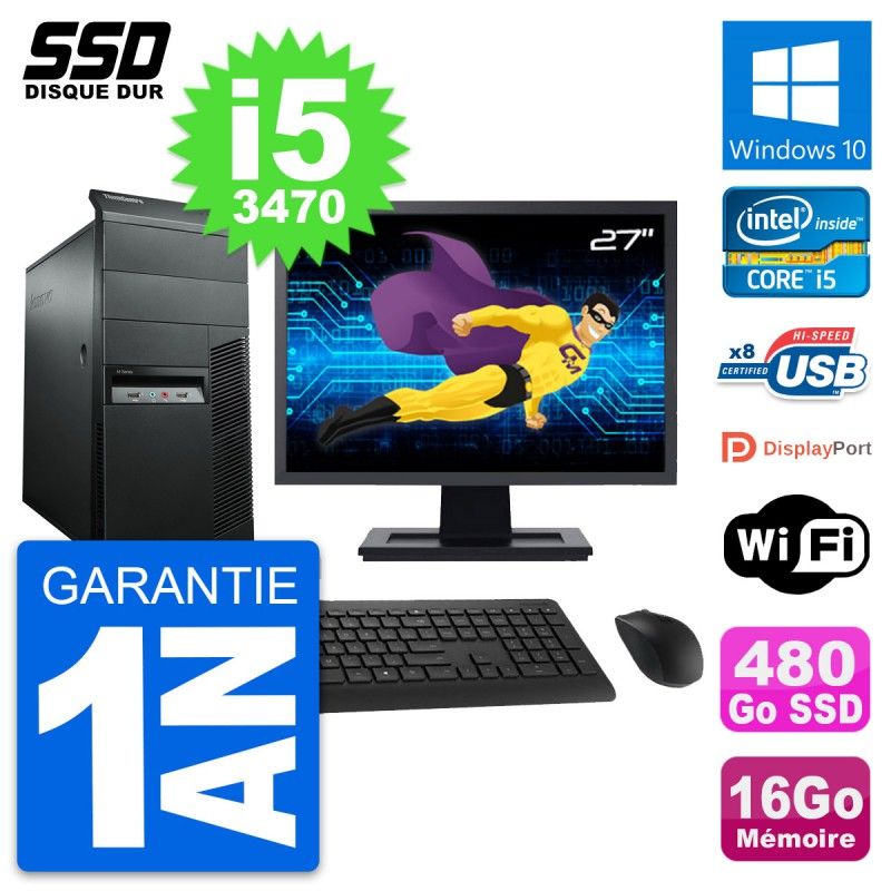 Lenovo M92p Desktop PC - 27" Screen, Intel i5-3470, 16GB RAM, 480GB SSD, Windows 10, WiFi