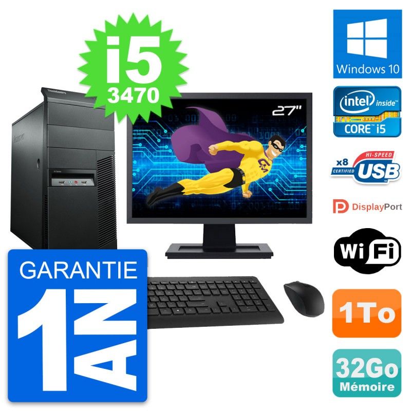 Lenovo M92p Desktop Computer, 27" Screen, Intel i5-3470, 32GB RAM, 1TB HDD, Windows 10, WiFi