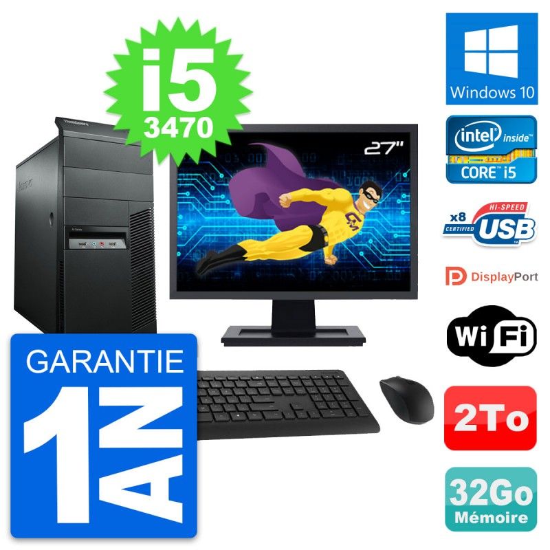 Lenovo M92p Desktop PC - 27" Screen, Intel i5-3470, 32GB RAM, 2TB HDD, Windows 10, WiFi