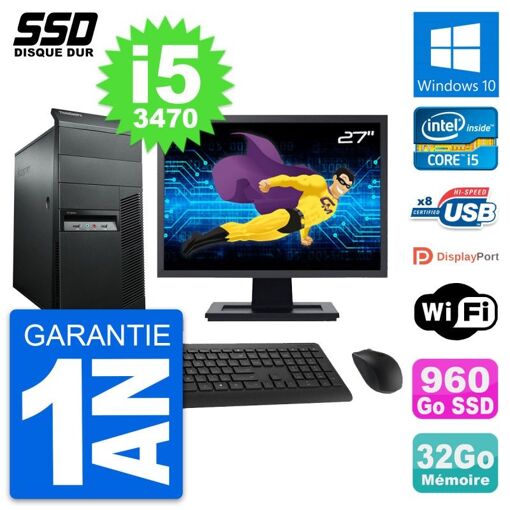 PC de sobremesa Lenovo M92p con pantalla de 27'', procesador Intel i5-3470, 32GB de RAM, SSD de 960GB, Windows 10, WiFi
