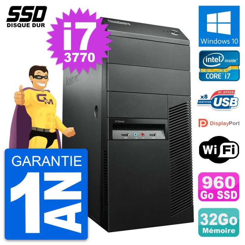 Lenovo ThinkCentre M92p Desktop Computer - Intel i7-3770, 32GB RAM, 960GB SSD, Windows 10, WiFi